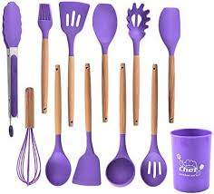 Cooking Utensils Set 12 Pcs. Cooking Kitchen Utensils Set Long Wooden Handle Kitchen Gadgets with Holder Tongs Spatula Spoon Brush Whisk for Home for Kitchen Accessories. Silicone and wooden Spoons for Kicthen