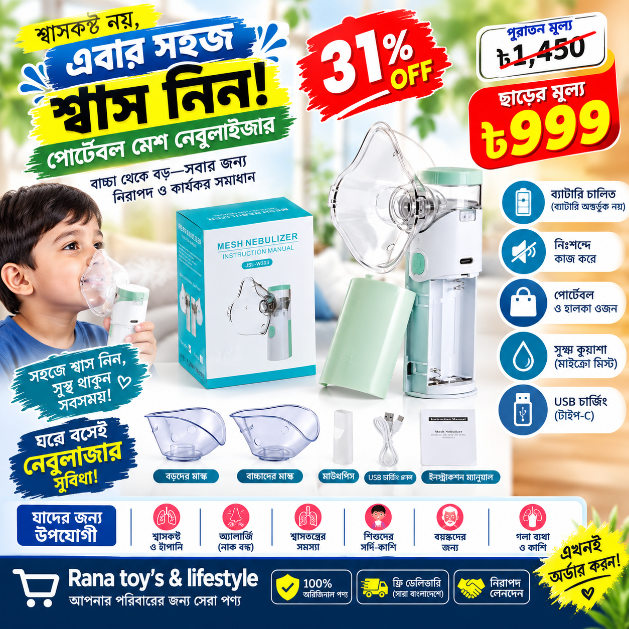 পোর্টেবল মেশ নেবুলাইজার ও ফ্যামিলি কেয়ার কিট (Portable Mesh Nebulizer)