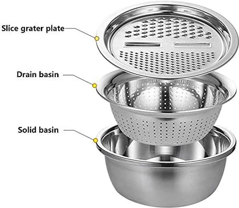 3 in 1 Stainless Steel Drain Basket Vegetable Cutter Cheese Grater Fruit Rice Food Washing Bowl Strainer Set Salad Bowl image 2