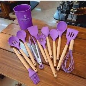 Cooking Utensils Set 12 Pcs. Cooking Kitchen Utensils Set Long Wooden Handle Kitchen Gadgets with Holder Tongs Spatula Spoon Brush Whisk for Home for Kitchen Accessories. Silicone and wooden Spoons for Kicthen image 2